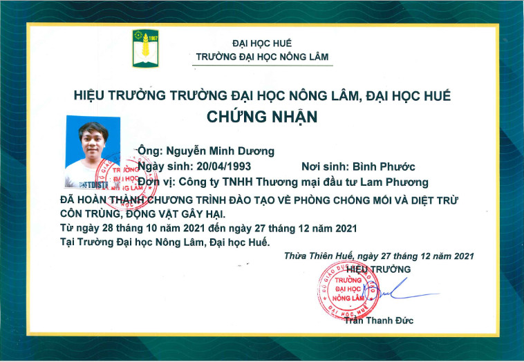 Công ty chúng tôi đã được Trường Đại Học Nông Lâm cấp giấy chứng nhận về phòng chống mối và diệt trừ côn trùng, động vật gây hại .